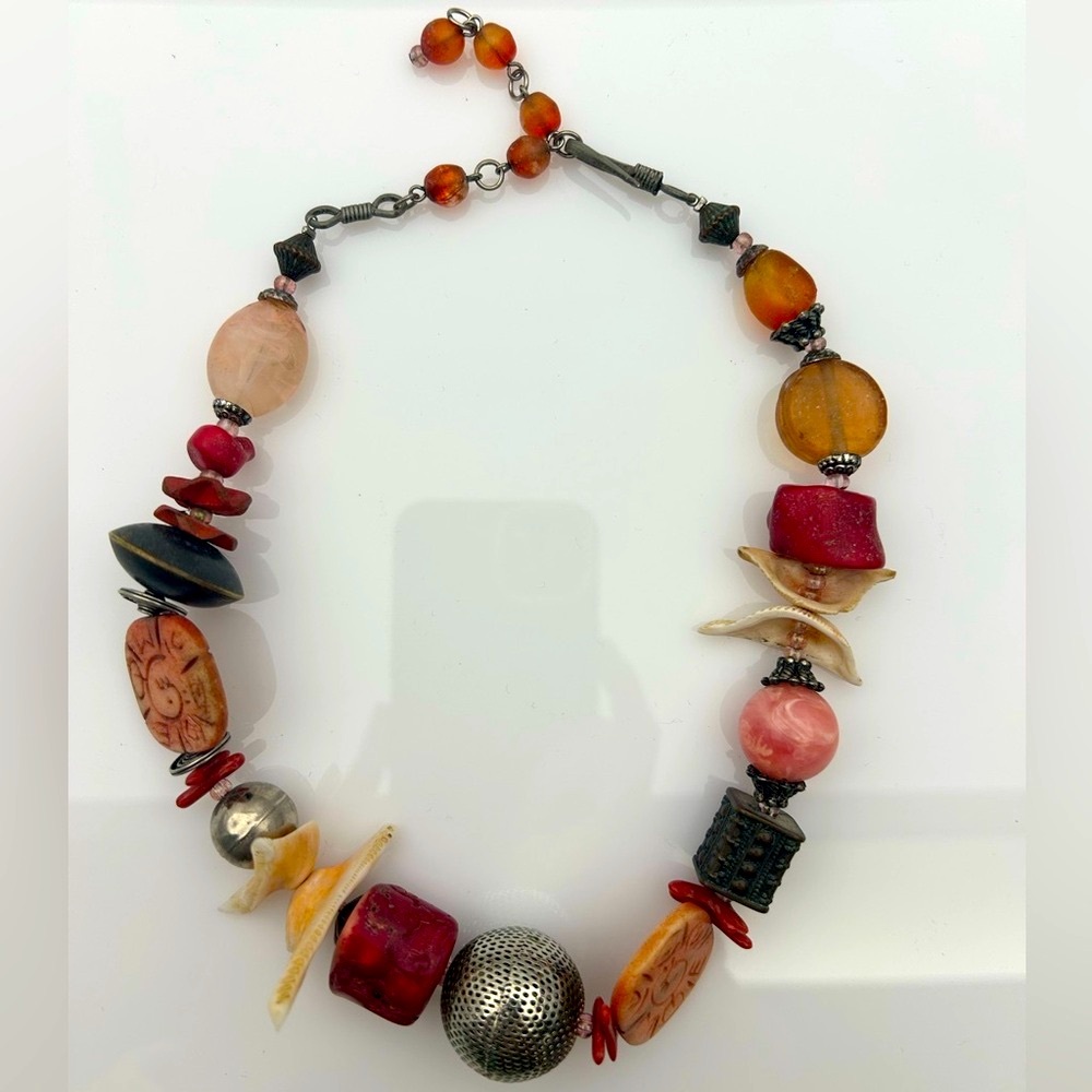 Vintage Red Coral, Shell, Metal, Glass Bead Necklace